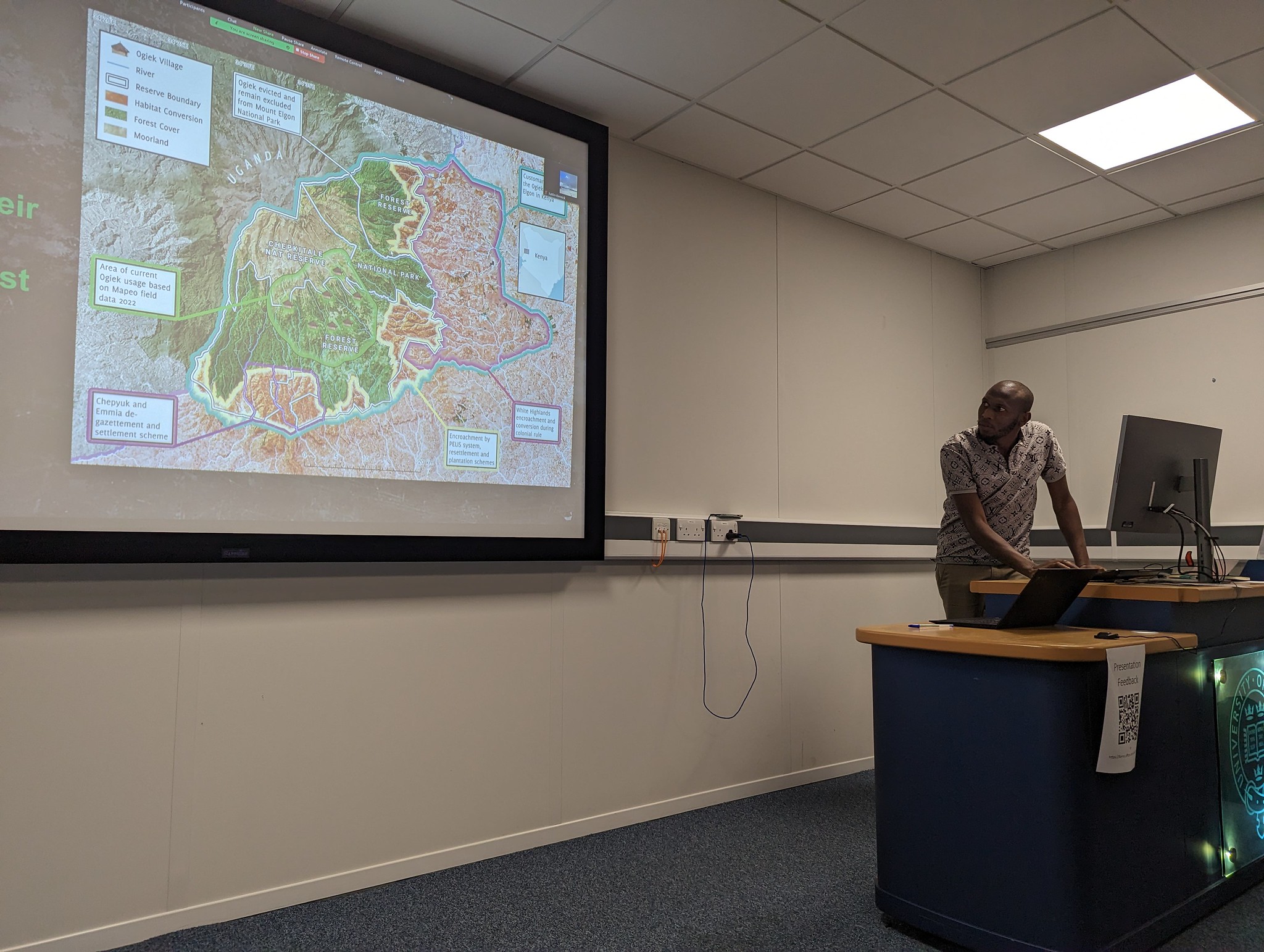 Elijah Kitelo (CIPDP, Kenya) at the University of Oxford delivering a workshop on biodiversity monitoring protocols.