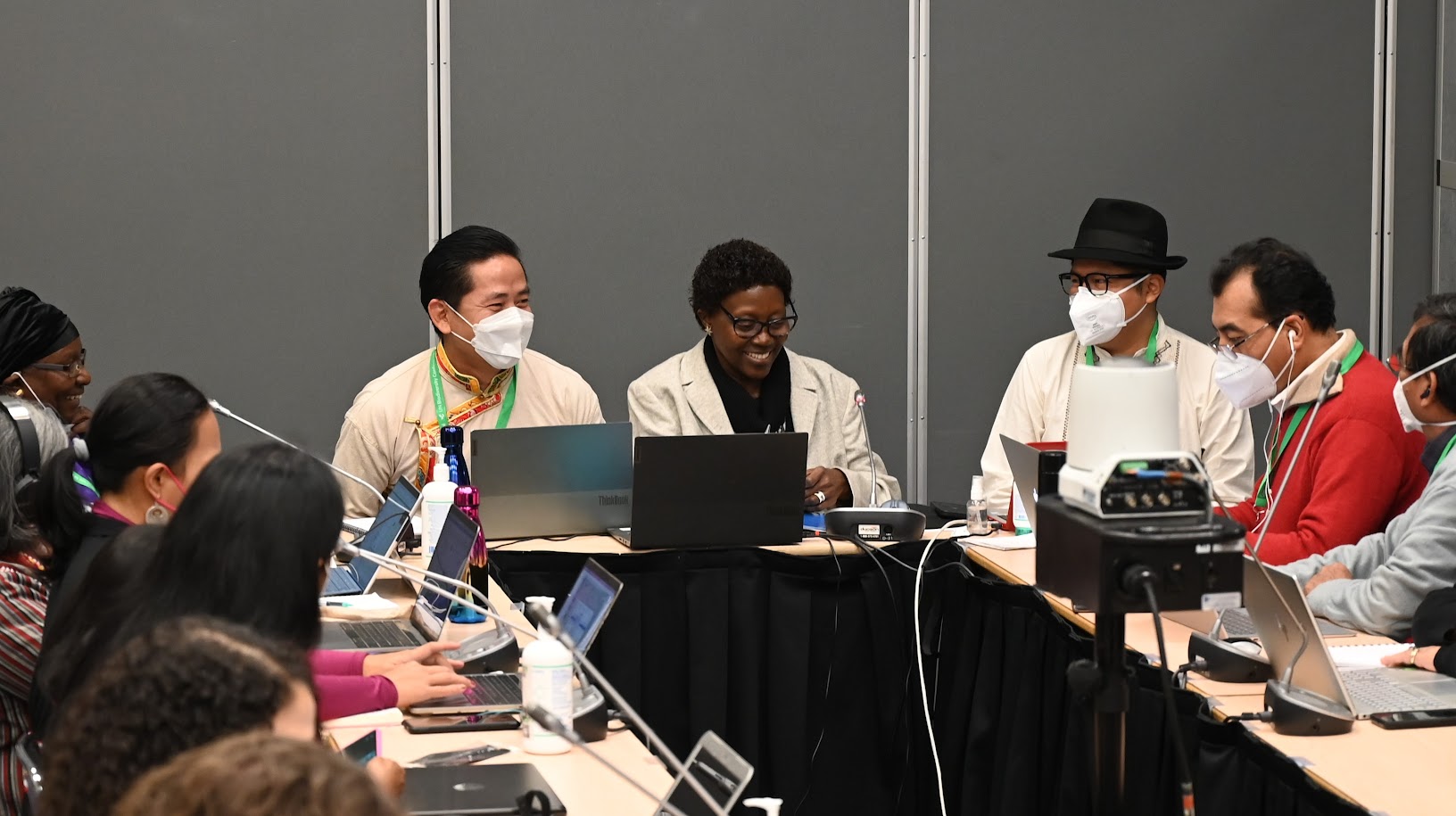 Lakpa Sherpa (Co-chair of IIFB, Asia Indigenous Peoples Pact), Elizabeth Mrema (Executive Secretary of the Convention on Biological Diversity) and Ramiro Batzin (Co-chair of IIFB, Sotz'il) at the COP15 negotations in December, 2022, Montreal, Canada.